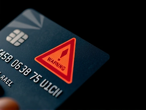 신용카드가 붉은색 경고 마크와 함께 클로즈업되어 있으며, 어두운 배경과 강렬한 조명이 재정적 위험과 압박감을 상징적으로 나타냅니다.