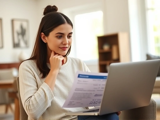 한 여성이 노트북 앞에서 신용카드 명세서를 검토하며 고민에 잠긴 모습