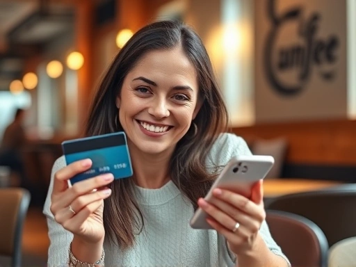 한 여성이 신용카드를 들고 스마트폰 앱을 사용하여 결제 내역을 확인하며 미소를 짓고 있습니다.