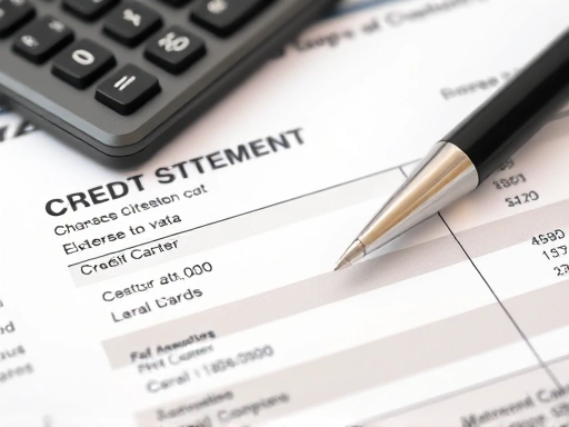 신용카드 명세서가 클로즈업되어 있고, 그 위에 계산기와 펜이 놓여 있습니다.