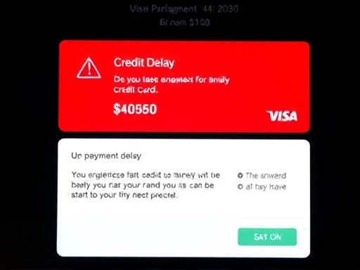 신용카드 결제 화면, 붉은색 경고 표시로 결제 지연의 심각성을 강조하고, 어두운 배경으로 불안감을 고조시키는 첫 번째 이미지