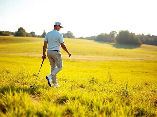 골프 클럽을 들고 필드를 걷는 남성의 모습