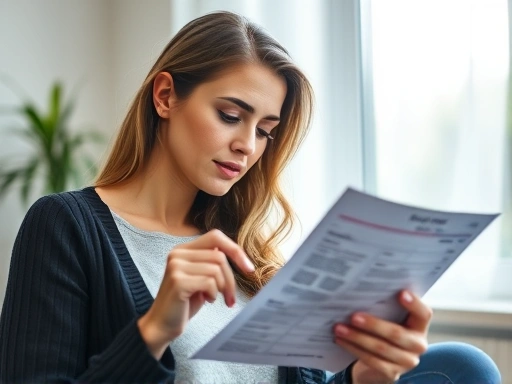 한 여성이 복잡한 카드 명세서를 분석하며 고민에 잠긴 모습
