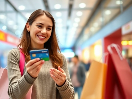 한 여성이 신용카드를 들고 쇼핑백을 바라보며 미소짓고, 밝은 조명과 생생한 색상이 활기찬 쇼핑 분위기
