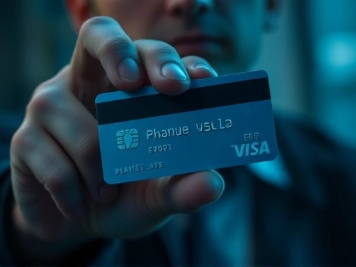 손에 들린 신용카드를 강조하는 클로즈업 샷, 날카로운 초점으로 긴장감을 조성하고 푸른 색조와 그림자를 사용하여 불안한 분위기