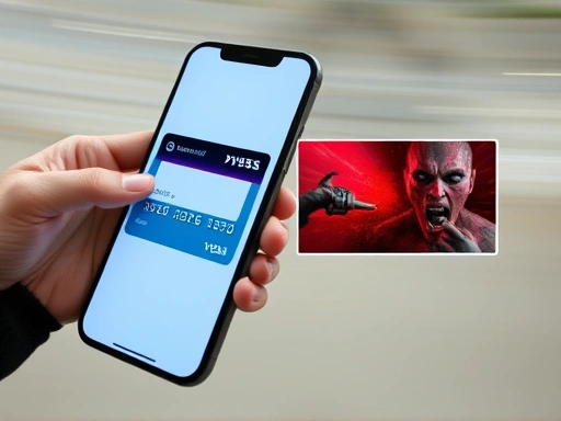 신용카드와 스마트폰 화면의 결제 알림을 보여주는 세부 샷, 빠른 스피드를 나타내는 모션 블러를 적용하고 붉은 색상으로 위험을 강조하는 두 번째 이미지