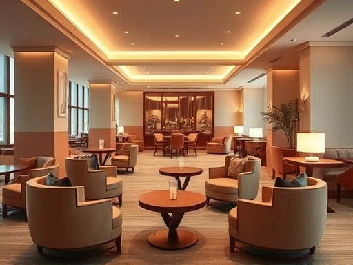 편안한 의자와 테이블이 있는 고급 라운지, 부드러운 조명과 차분한 색상 팔레트가 휴식과 편안함을 강조하는 고요한 분위기