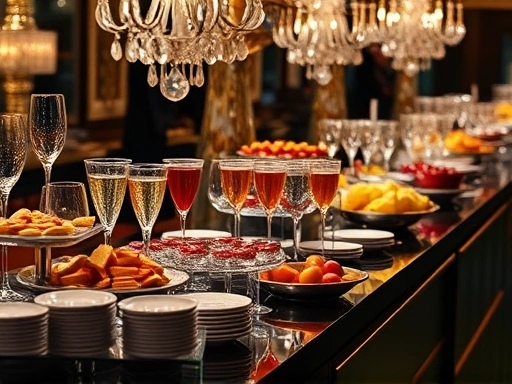 다양한 음식과 음료가 진열된 고급 뷔페 테이블 클로즈업, 고급스러운 분위기