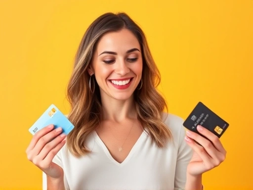 {한 여성이 다양한 신용카드를 들고 자신의 소비 스타일을 분석하며 미소짓고 있는 장면