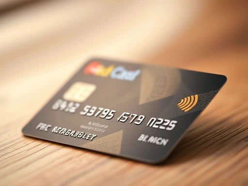 {신용카드의 클로즈업 샷, 카드 디자인과 혜택 아이콘이 강조되어 있으며, 따뜻한 조명과 부드러운 배경으로 신뢰감과 안정감을 더한다.