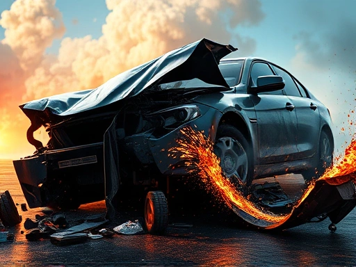 차량 손상을 보여주는 드라마틱한 렌더링, 역동적인 앵글과 강렬한 조명으로 긴장감을 강조하는 첫 번째 이미지