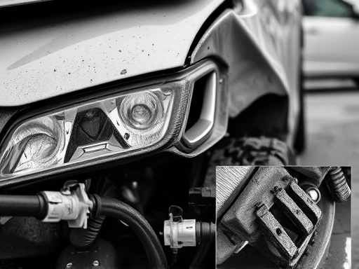 파손된 차체의 클로즈업, 사고의 감정적 영향을 전달하기 위해 고대비 흑백과 거친 질감으로 디테일을 강조하는 두 번째 이미지