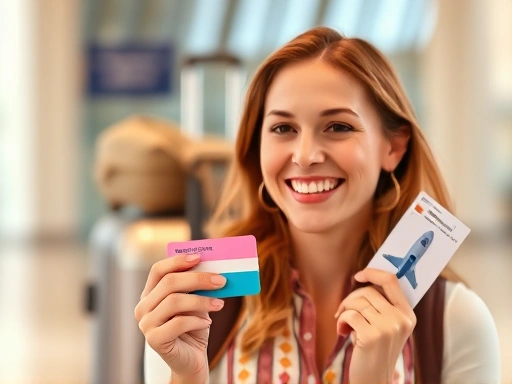 한 여성이 신용카드를 들고 미소짓고 있으며, 배경에는 여행 가방과 비행기 티켓이 흐릿하게 보인다.
