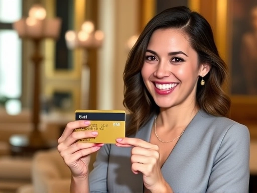 한 여성이 신용카드를 들고 밝게 웃고 있으며, 고급스러운 배경과 세련된 스타일로 묘사하여 멤버십 혜택에 대한 만족감을 표현하는 첫 번째 이미지