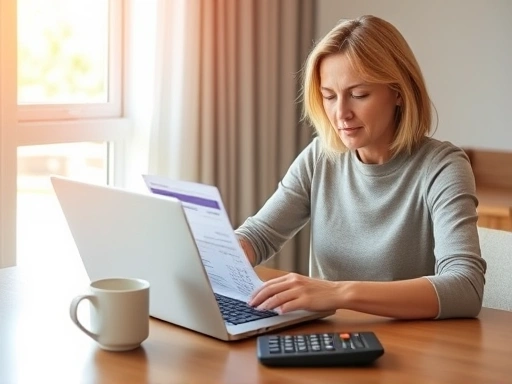 한 여성이 테이블에 앉아 노트북으로 신용카드 명세서를 검토하고 있으며, 테이블 위에는 커피와 계산기가 놓여 있고, 부드러운 자연광이 창문을 통해 들어와 따뜻하고 분석적인 분위기