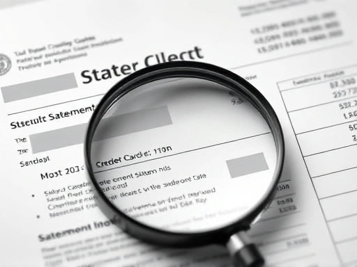 신용카드 명세서가 확대되어 개인 정보 보호를 위해 일부 정보가 가려져 있고, 명세서 위에는 돋보기가 놓여져 있으며, 이는 재정 검토 및 개인 정보 보호의 중요성을 강조하는 클로즈업 장면