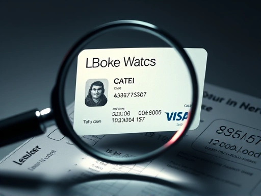 돋보기로 카드 정보를 확대하여 개인 정보 보호의 중요성 강조, 부드러운 조명으로 세부 사항 강조, 신뢰감 주는 전문가의 손길 묘사, 금융 보안 콘셉트