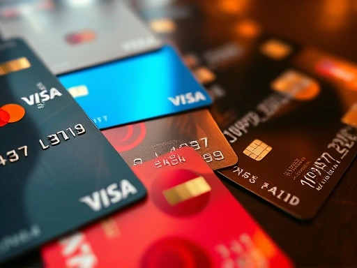 테이블 위에 놓인 신용카드들을 클로즈업하여 촬영한 사진.