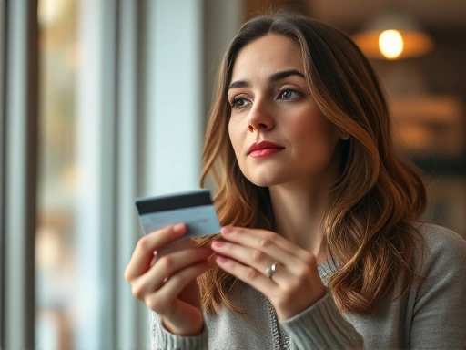 한 여성이 신용카드를 들고 고민하는 모습