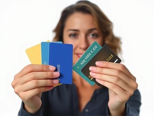 한 여성이 밝은 배경에서 여러 신용카드를 들고 있으며, 전략적 초점과 부드러운 조명을 사용하여 재정적 선택의 복잡성과 중요성을 강조합니다.