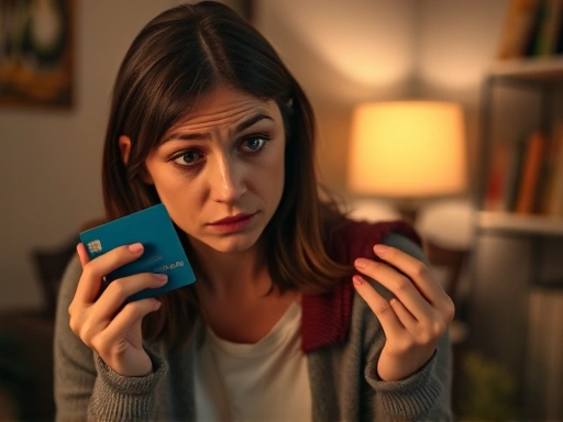 한 여성이 신용카드를 들고 고심하는 모습