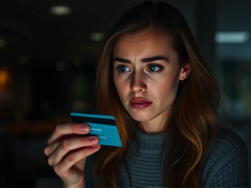 {한 여성이 걱정스러운 표정으로 신용카드를 바라보며, 어두운 실내 조명과 흐린 배경으로 불확실한 분위기