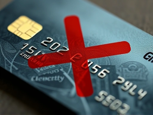 {클로즈업된 신용카드와 거절을 의미하는 빨간색 X자 마크가 겹쳐진 이미지
