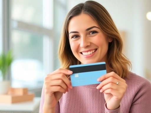 한 여성이 신용카드를 들고 미소짓고 있으며, 밝은 조명과 부드러운 색감으로 긍정적이고 신뢰감 있는 분위기