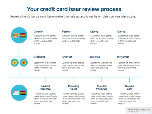 신용카드 발급 심사 과정을 나타내는 인포그래픽으로, 주요 단계와 평가 요소를 강조하며, 깔끔한 디자인과 명확한 정보 전달에 초점을 맞춘 이미지