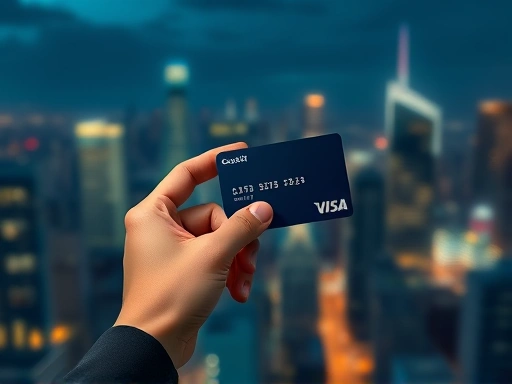 신용카드를 들고 있는 손과 배경에 펼쳐진 도시 야경이 조화를 이루는 이미지
