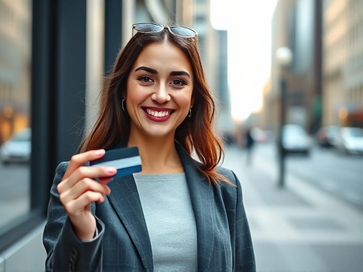 한 여성이 신용카드를 들고 밝게 웃고 있으며, 세련된 도시적 배경과 부드러운 조명이 긍정적이고 희망찬 분위기