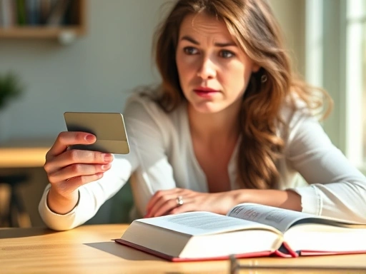 한 여성이 심각한 표정으로 신용카드를 들여다보고 있으며, 탁상에는 법률 서적이 놓여 있고 부드러운 자연광이 비추어 걱정과 법적 문제에 대한 고심을 표현하는 이미지