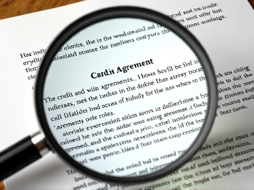 돋보기 아래 신용카드 계약서의 특정 조항을 확대한 클로즈업 이미지
