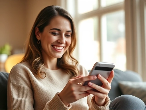 한 여성이 스마트폰으로 신용카드 앱을 확인하며 미소짓고 있습니다.