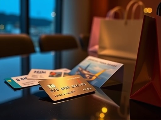 신용카드가 놓여 있고, 그 옆에는 여행 티켓과 쇼핑백이 있습니다.