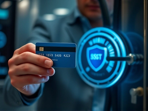 한 남자가 신용카드를 들고 디지털 금고 앱을 사용하여 카드 정보를 안전하게 저장하고 있는 장면