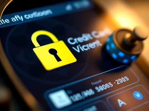 디지털 금고 앱 인터페이스를 클로즈업하여 암호화된 신용카드 정보가 안전하게 보관되어 있는 것을 보여주는 장면