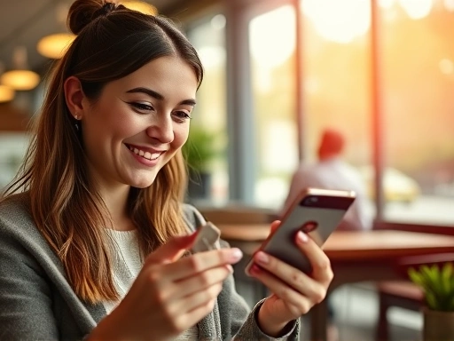 한 여성이 스마트폰으로 신용카드 혜택을 확인하며 미소짓고, 밝은 햇살이 비치는 카페 내부 풍경, 소비의 즐거움과 만족감을 강조하는 따뜻하고 편안한 분위기
