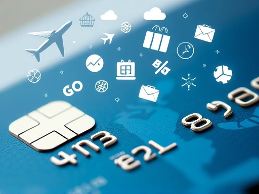 신용카드가 클로즈업되어 있고, 그 위로 다양한 혜택 아이콘(여행, 쇼핑, 할인 등)이 떠오르는 모습