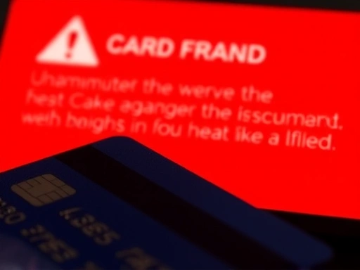 신용카드와 경고 문구가 있는 붉은색 배경, 카드 부정 사용의 긴박한 분위기