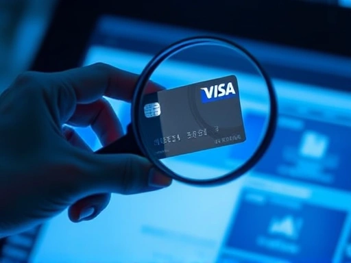 돋보기로 카드 거래 내역을 확대하는 손, 의심스러운 거래를 찾아내는 과정을 상징하는 세부 묘사 샷.