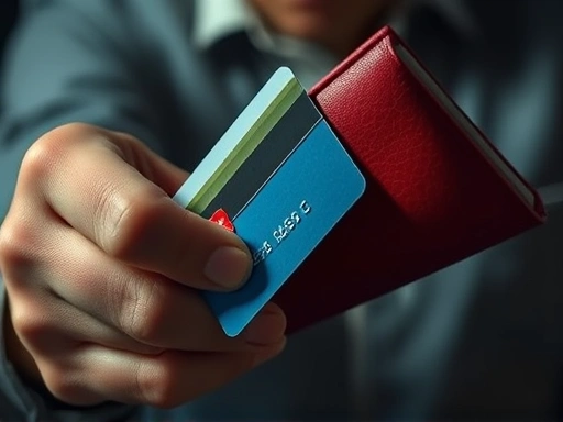 빨간색 지갑에서 신용 카드를 꺼내 분실에 대한 긴박감과 우려를 나타내는 드라마틱한 앵글을 보여주는 첫 번째 이미지