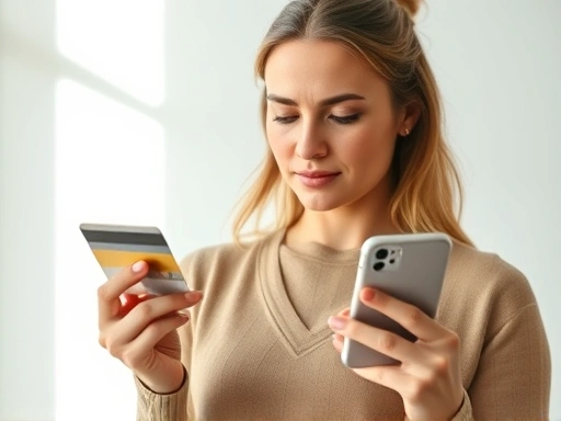 한 여성이 신용카드를 들고 있고, 다른 한 손으로는 스마트폰 앱을 사용하여 거래 내역을 확인하고 있다.