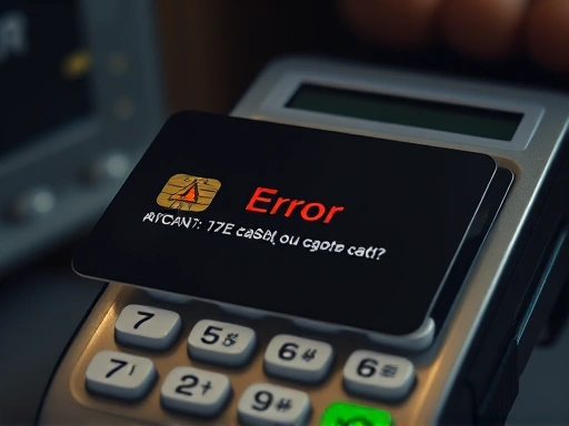 확대된 신용카드 칩과 결제 단말기 화면은 '오류' 메시지를 보여준다.