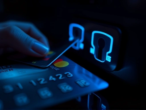 클로즈업된 신용카드와 키패드를 사용하여 긴장감을 조성하고, 어두운 배경과 푸른 조명을 사용하여 보안의 중요성을 강조하는 첫 번째 이미지