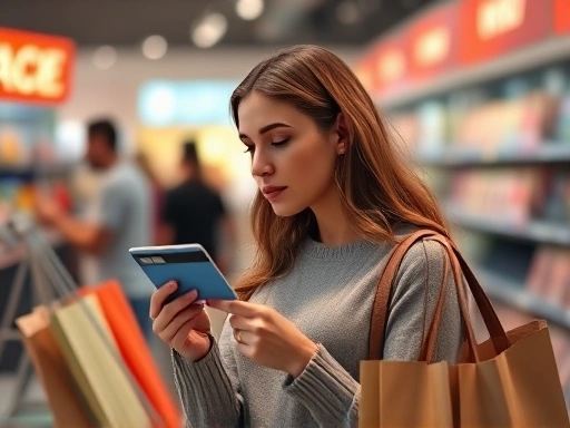 한 여성이 신용카드를 들고 계산대 앞에서 고민하는 모습