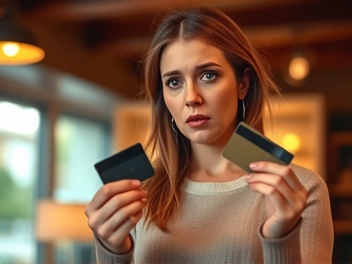 한 여성이 신용카드를 들고 당황한 표정을 짓고 있으며, 실내 조명과 따뜻한 색감이 불안한 분위기