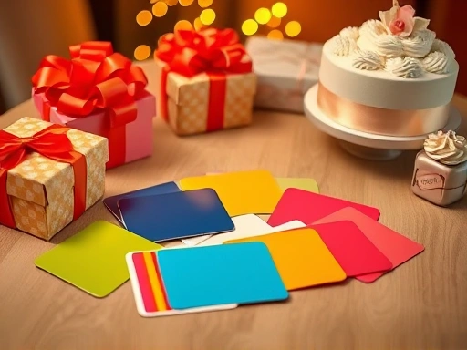 밝은 색상의 신용카드가 테이블 위에 놓여 있고, 그 옆에는 선물 상자와 케이크가 있습니다.