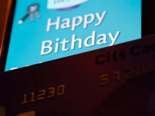 클로즈업된 신용카드와 앱 화면에는 '생일 축하' 메시지가 표시됩니다.