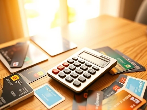 다양한 신용카드가 펼쳐진 테이블 위에 계산기가 놓여 있고, 밝은 햇살이 비추는 따뜻한 분위기
